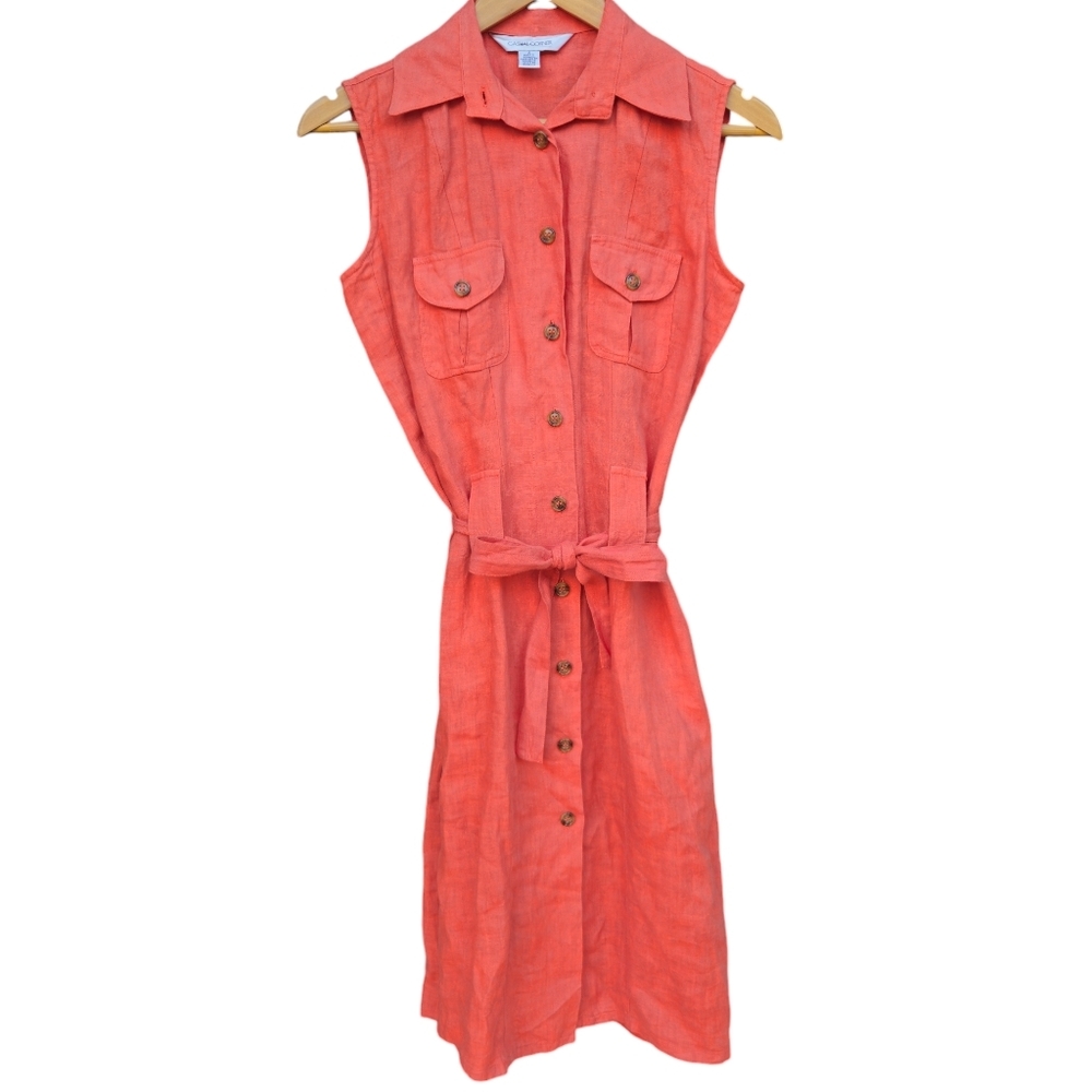 100% LINEN  button up tie waist coral dress, sleeveless w collar 052